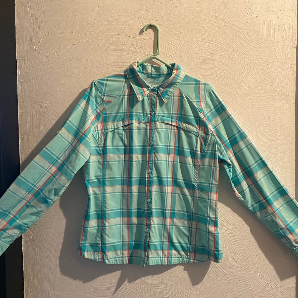 Plaid Button Down Shirt - Greens, pink and white